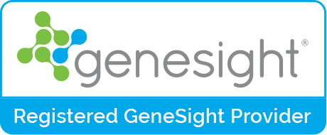 GeneSight logo featuring a green/blue molecular icon and the word 'genesight' with a blue banner reading 'Registered GeneSight Provider'.
