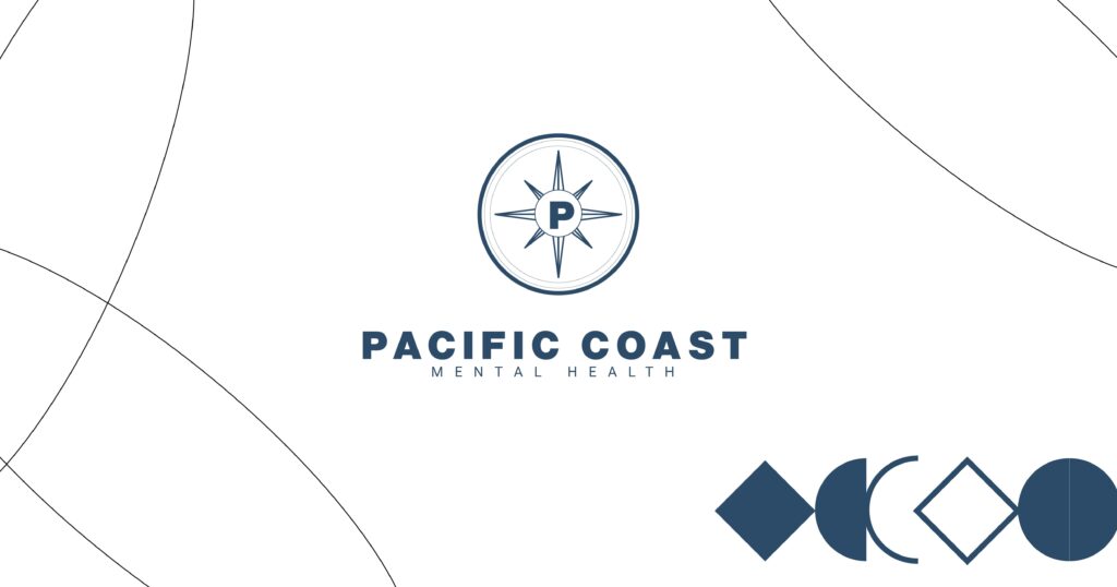 Pacific Coast Mental Health logo featuring a compass and geometric shapes, representing mental wellness and direction.