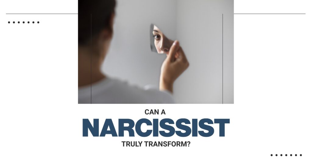 Can a Narcissist Truly Transform? Woman looks at herself in a shattered mirror, exploring narcissism and personal transformation.