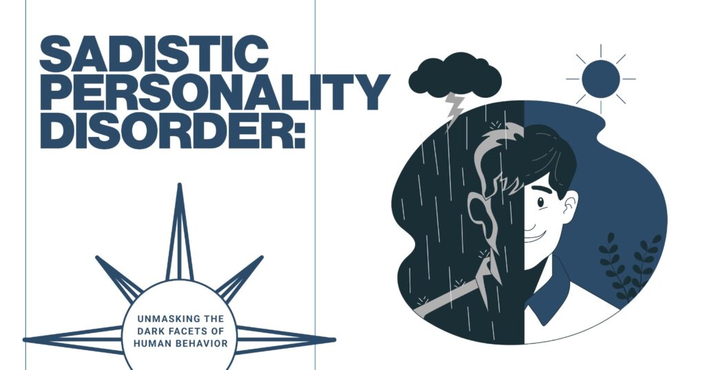 Sadistic Personality Disorder illustration: man split between sunny happiness and stormy sadness. Unmasking dark behavior facets.