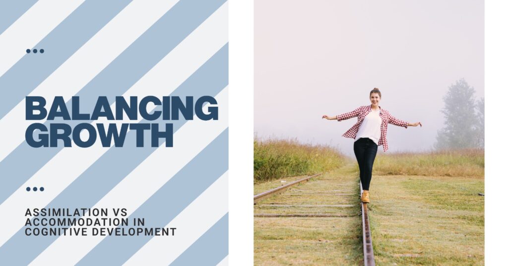 Balancing Growth: Woman balancing on railroad track, concept for assimilation vs accommodation in cognitive development.