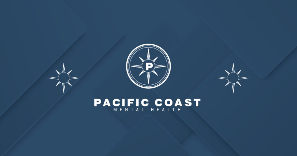 Pacific Coast Mental Health logo featuring a compass star and bold white text on a blue geometric background