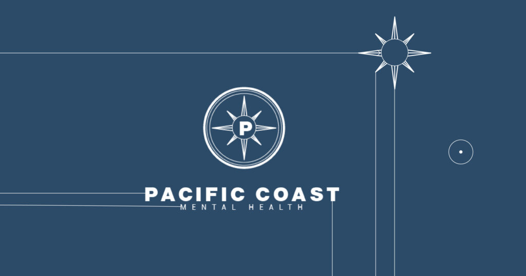 Blueprint-style banner with compass rose logo and the text Pacific Coast Mental Health on a dark blue background.