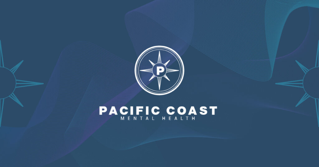 Pacific Coast Mental Health logo with compass emblem on a blue abstract background.