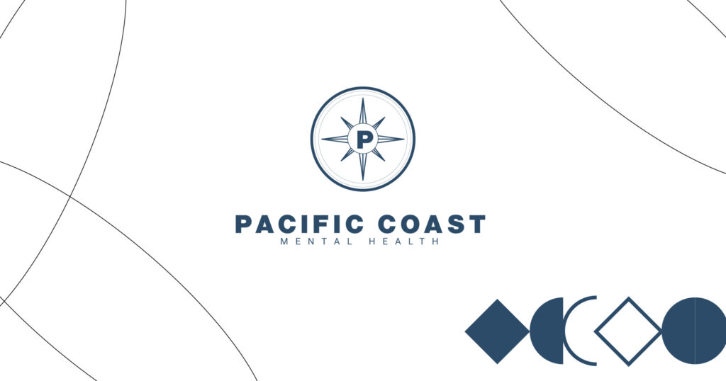 Logo for Pacific Coast Mental Health featuring a navy compass rose emblem with a central 'P' and the organization name beneath it.