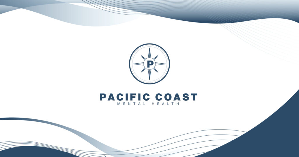 Pacific Coast Mental Health logo: a navy compass rose with a central 'P' on a white background with blue wave designs