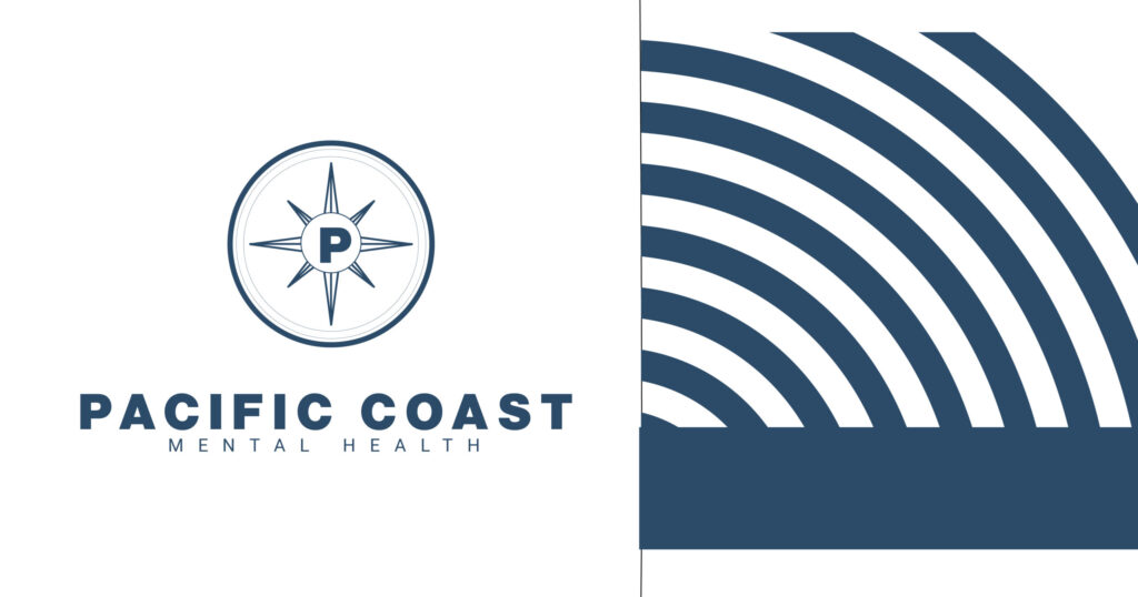 Brand logo for Pacific Coast Mental Health featuring a compass-like emblem with a 'P' and bold text on the left, paired with a blue arc pattern on the right.